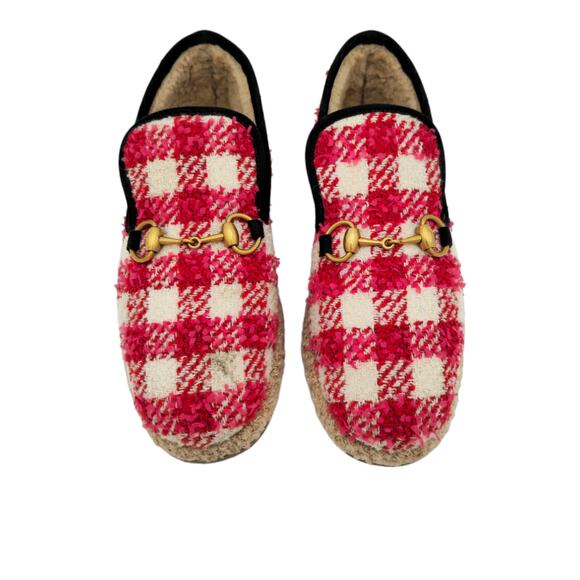 Gucci Horsebit Tweed Loafer Size 38 US 8 Shearling Lined Red White Slipper - Picture 3 of 9